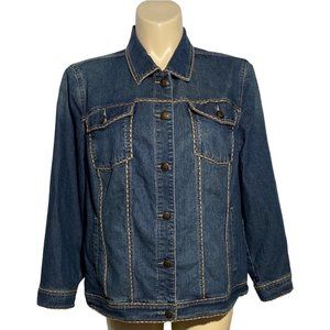 Catherines Jean Jacket 0X Denim Blue Beige Stitching‎ Pockets Button Down Cute